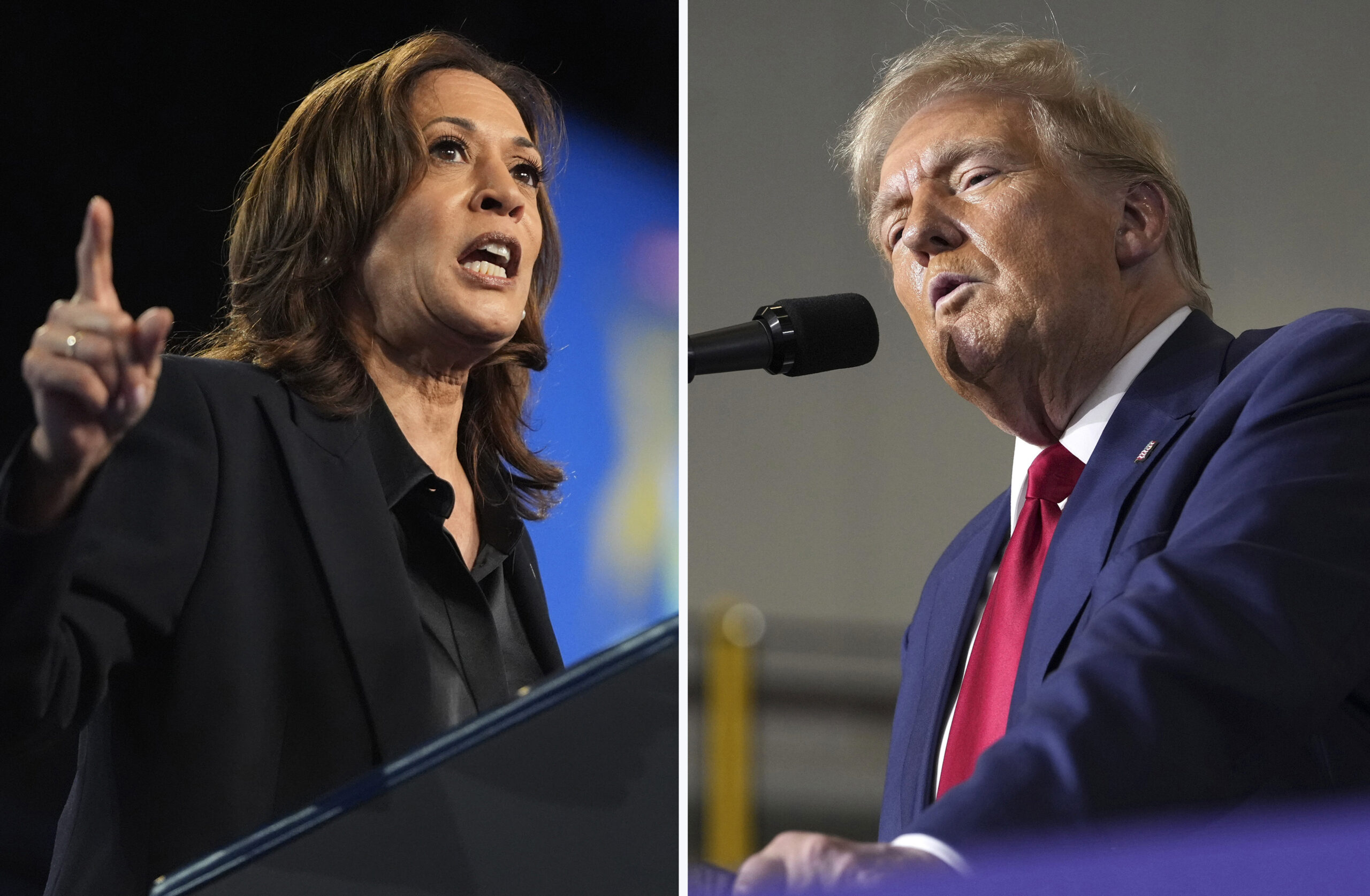 Kamala Harris und Donald Trump (r.) stehen sich im US-Wahlkampf gegenüber.