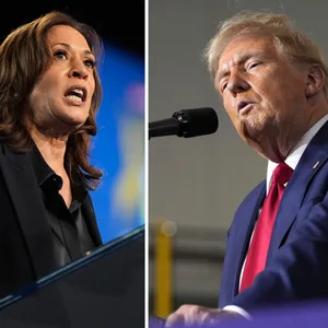 Kamala Harris und Donald Trump (r.) stehen sich im US-Wahlkampf gegenüber.