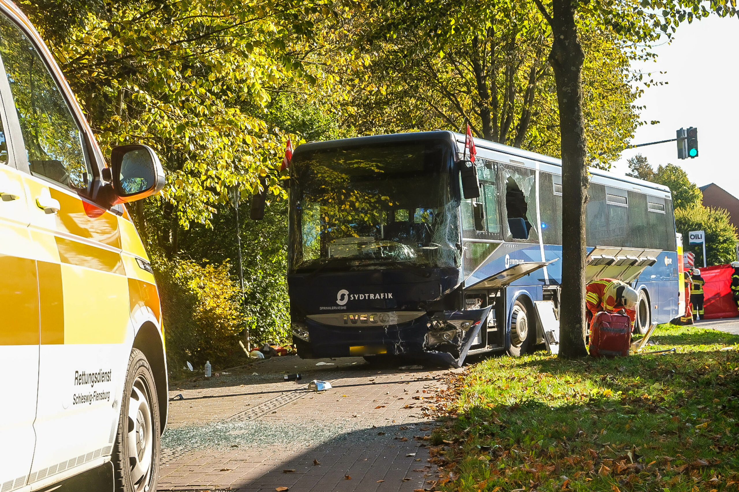 Busfahrer sackt in Flensburg hinter dem Lenkrad zusammen – Bus hinterlässt Schneise der verwüstung