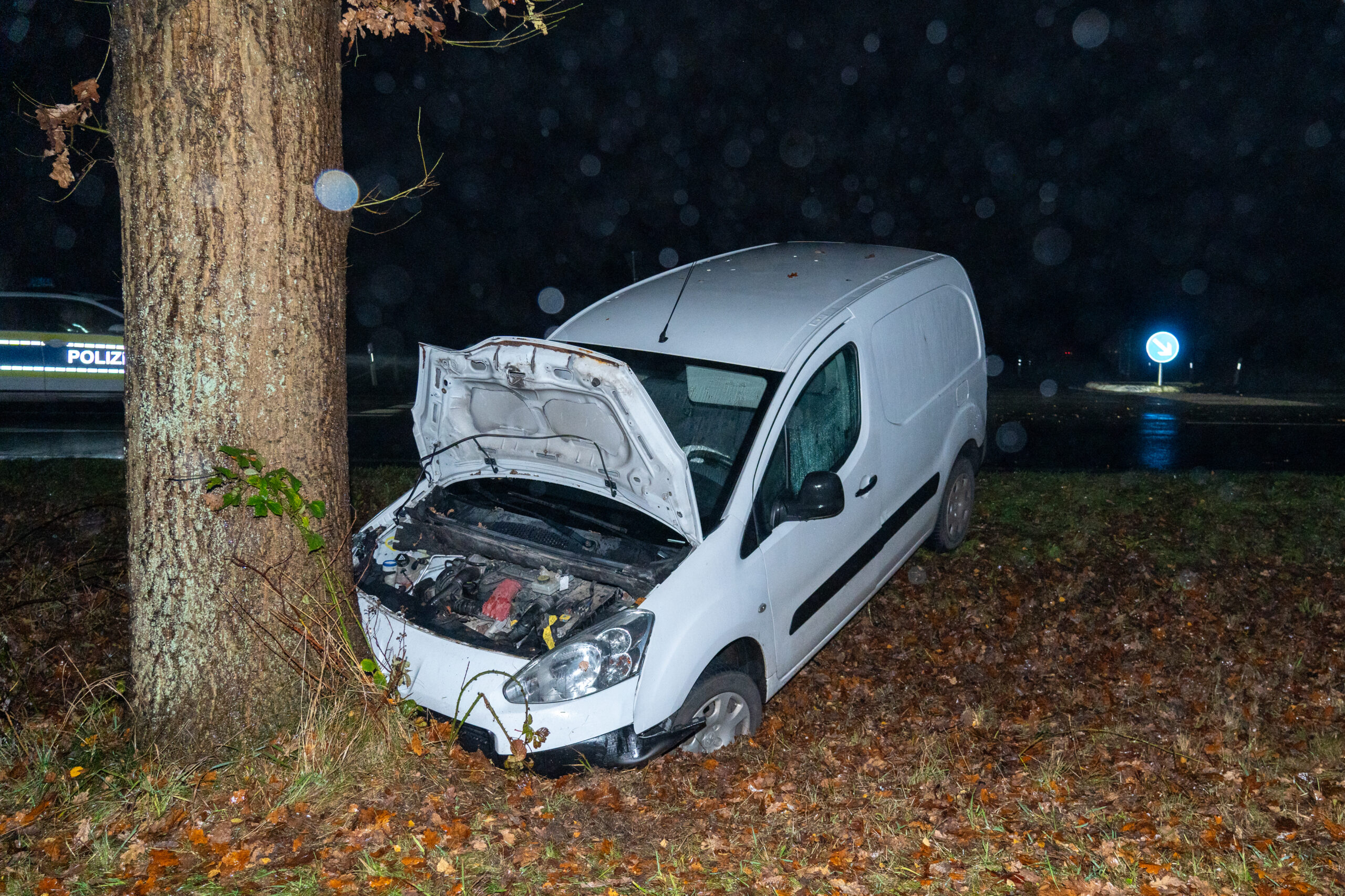 Ein weißes Auto steht zerdellt mit geöffneter Motorhaube vor einem Baum