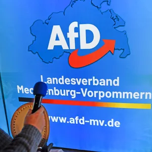 Blick auf das Präsidium vom Landesparteitag der AfD Mecklenburg-Vorpommern.