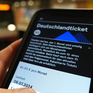 Ein Fahrgast hält ein Smartphone mit einem digitalen Deutschlandticket an einer U-Bahnstation in der Hand.