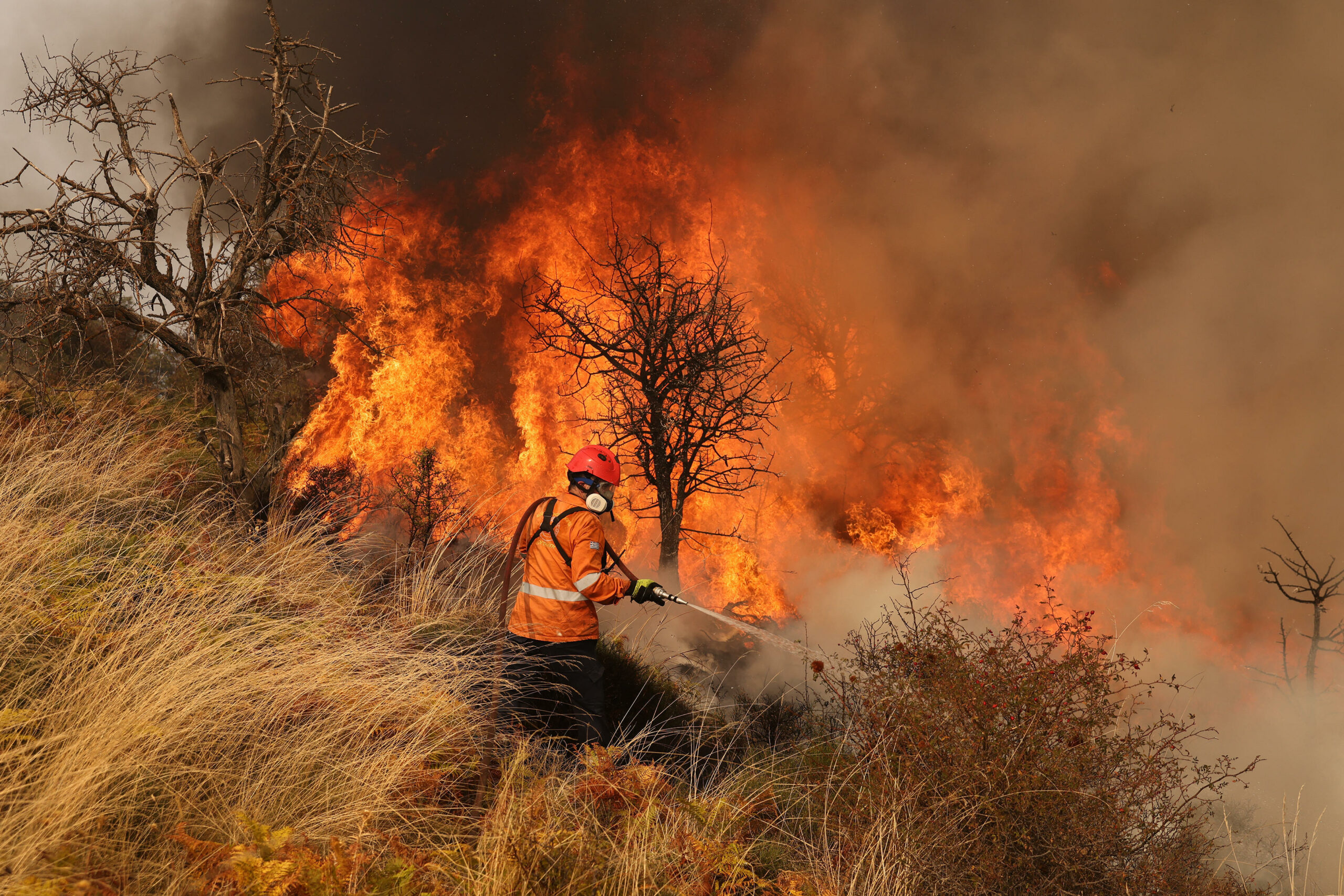 Eine Person beim Löschen eines Brandes in Griechenland. Hinter dem Menschen in der orangenen Jacke, sind meterhohe Flammen