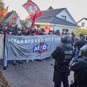Demonstranten mit Anti-AfD-Plakaten stehen der Polizei gegenüber