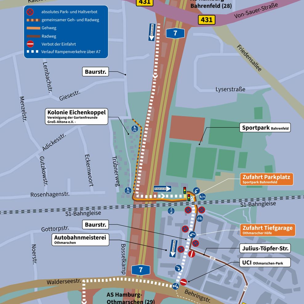 Eine Straßenkarte mit Sperrungen und Umleitungen