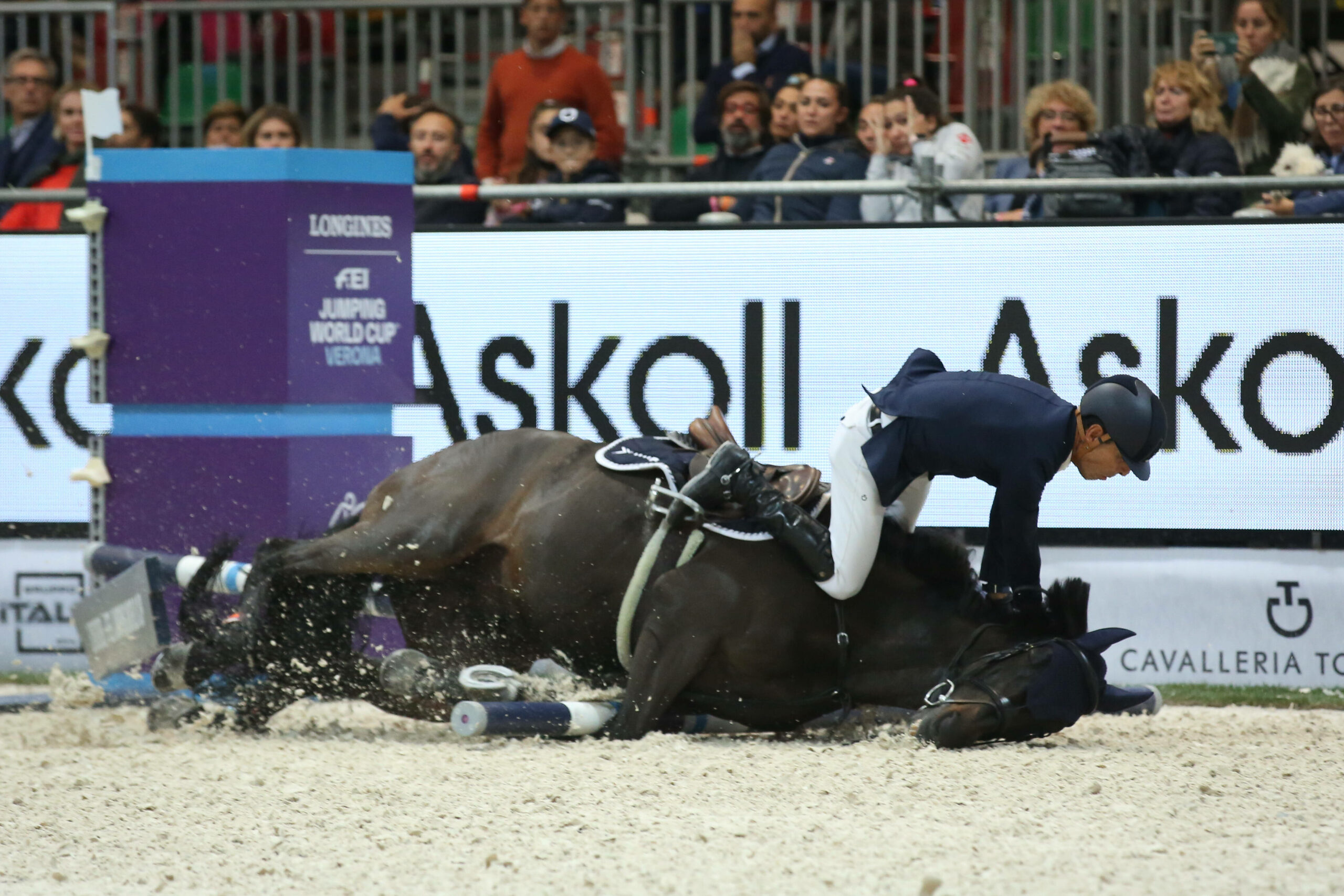 Ein Reiter stürzt mit seinem Pferd