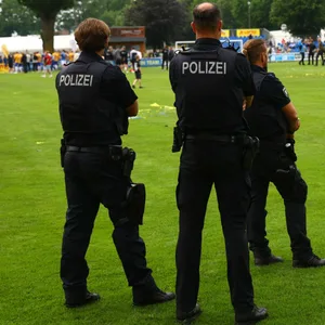 Drei Polizisten stehen am Rand eines Fußballfelds und beobachten die Lage