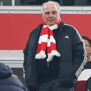 Uli Hoeness mit Bayern-Schal auf der Tribüne der Allianz Arena