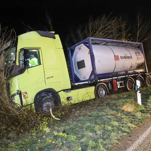 Der von der Straße abgekommene Sattelzug auf dem Grünstreifen neben der B5 bei Wilster (Landkreis Steinburg).