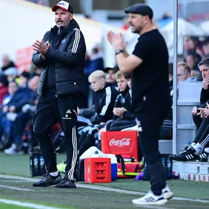 Tim Walter und Steffen Baumgart coachen nebeneinander an der HSV-Seitenlinie
