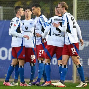 Jonas Meffert, Otto Stange, Davie Selke, Sebastian Schonlau und Lukas Bornschein bejubeln im Kreis ein HSV-Tor im Test gegen Enschede