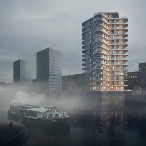 Drei Hochhäuser in einem Hafenbecken