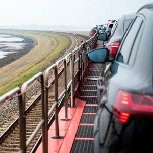 Ein Autozug der Deutschen Bahn fährt über den Hindenburgdamm auf die Nordseeinsel Sylt.