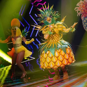 Eine Frau singt in einem Ananas-Kostüm