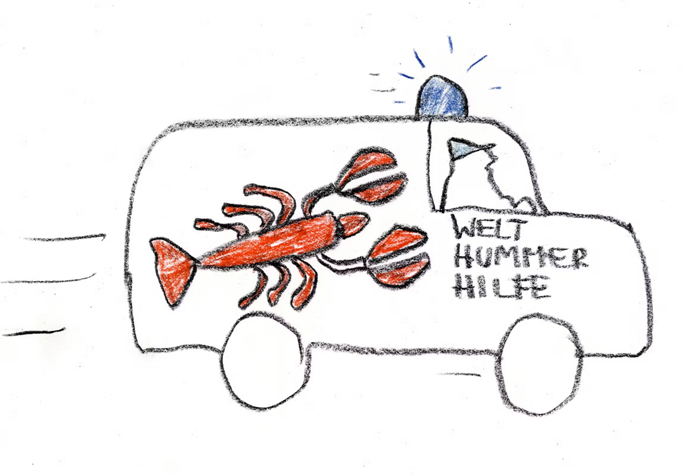 Ein Comic mit der Aufschrift „Welt Hummer Hilfe“