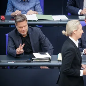 Robert Habeck (Grüne, l.) und Alice Weidel (AfD, Vordergrund) mögen sich nicht. Zu einem TV-Duell kommt es nun nicht.