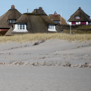 Typische Sylter Reetdachhäuser hinter dem Strand von Hörnum.