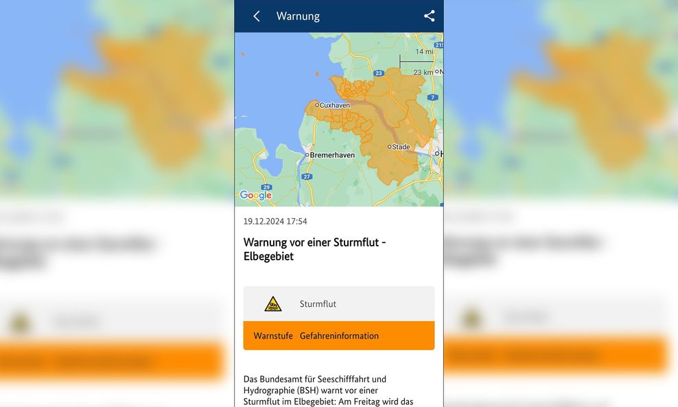 Am Donnerstagabend warnte das BSH über Warn-Apps wie NINA vor einer Sturmflut im Elbegebiet.