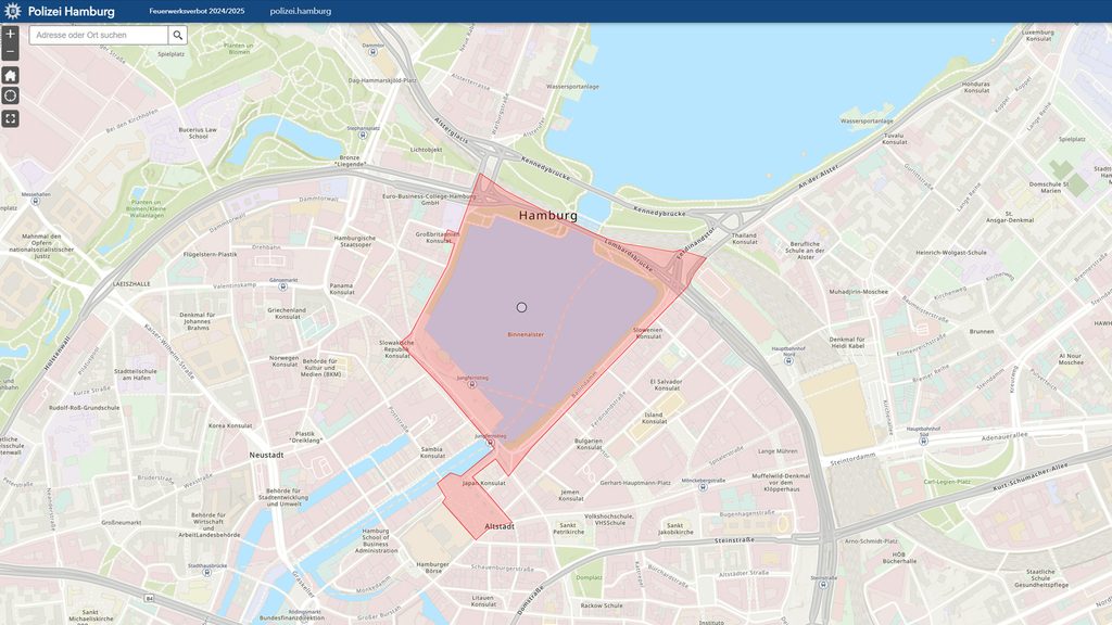 Auch rund um die Binnenalster und auf dem Rathausmarkt gilt ein absolutes Böllerverbot.