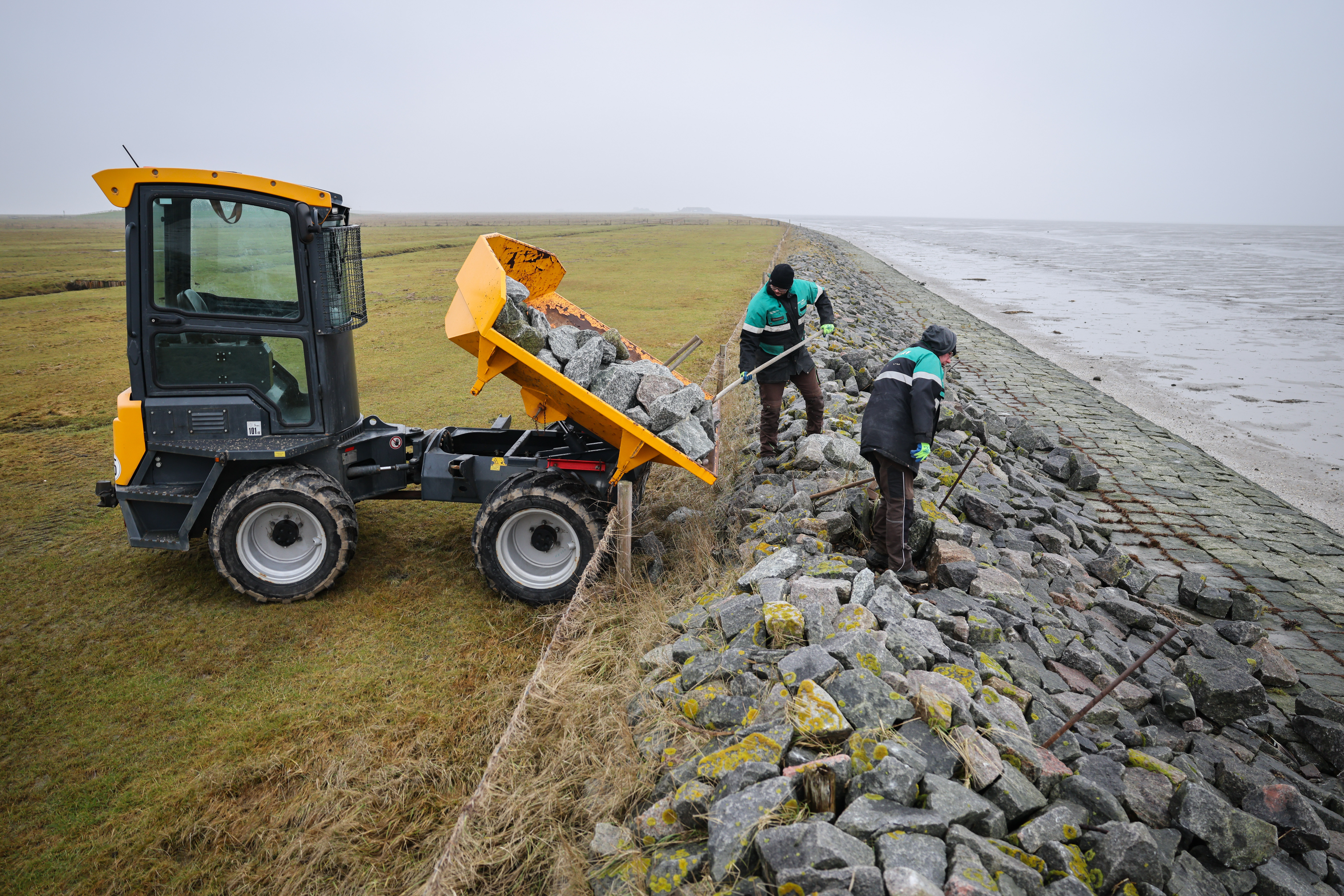 Zwei Mitarbeiter vom Landesbetrieb für Küstenschutz, Nationalpark und Meeresschutz Schleswig-Holstein (LKN.SH) reparieren schadhafte Stellen im Deckwerk auf der Hallig Langeneß.