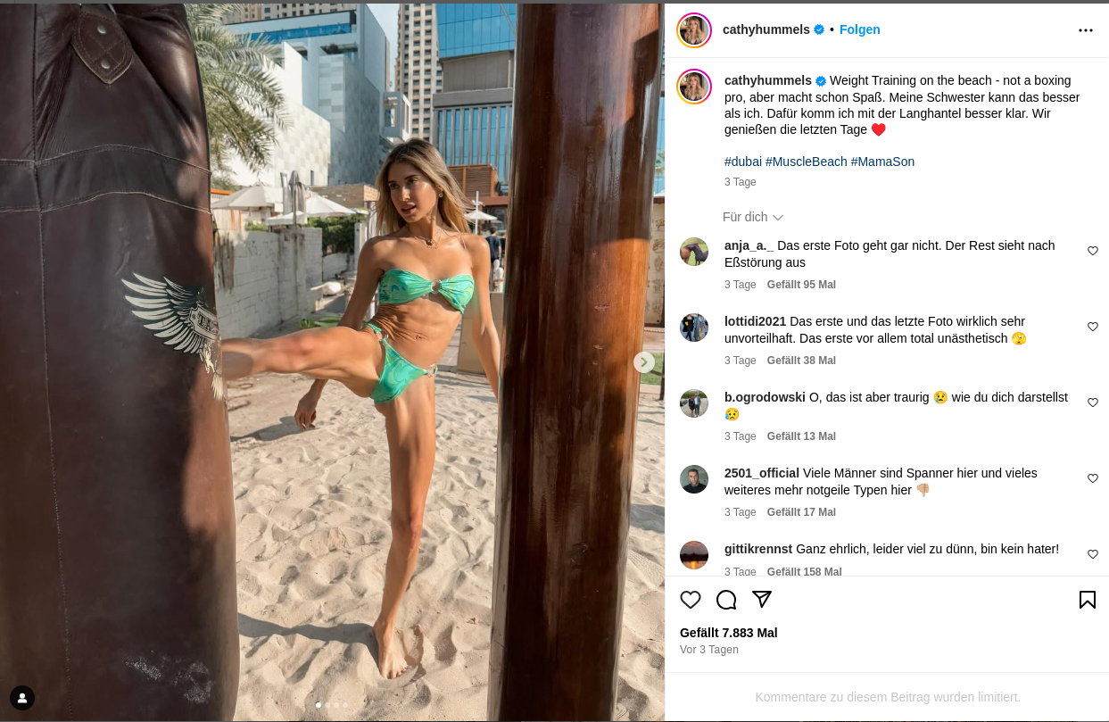 Nachdem sie Fotos von sich beim Sport am Strand teilte, fühlten sich viele (Männer) bemüßigt, Cathy Hummels' Figur zu kritisieren.