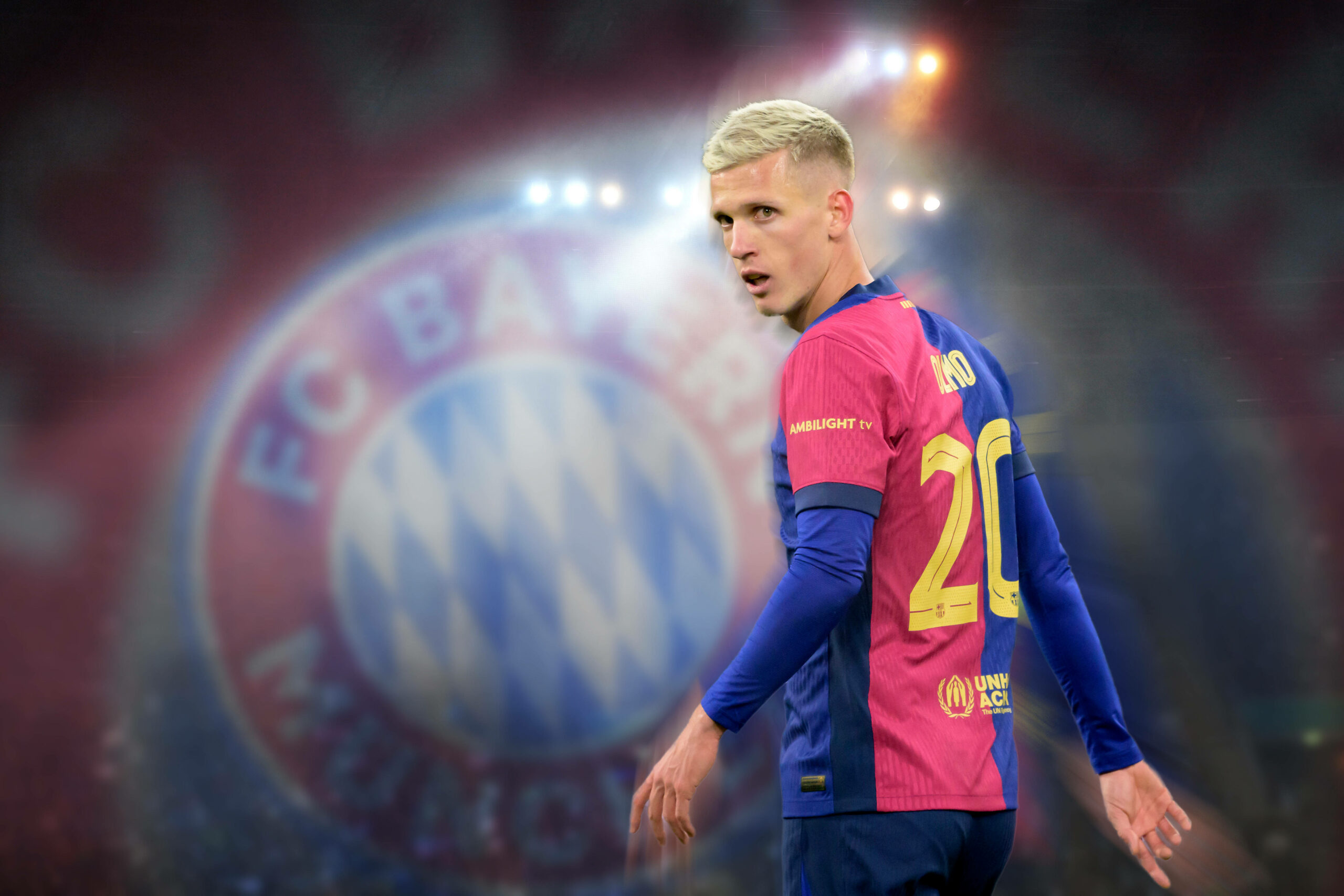 Fotomontage Dani Olmo im Hintergrund Bayern München Wappen