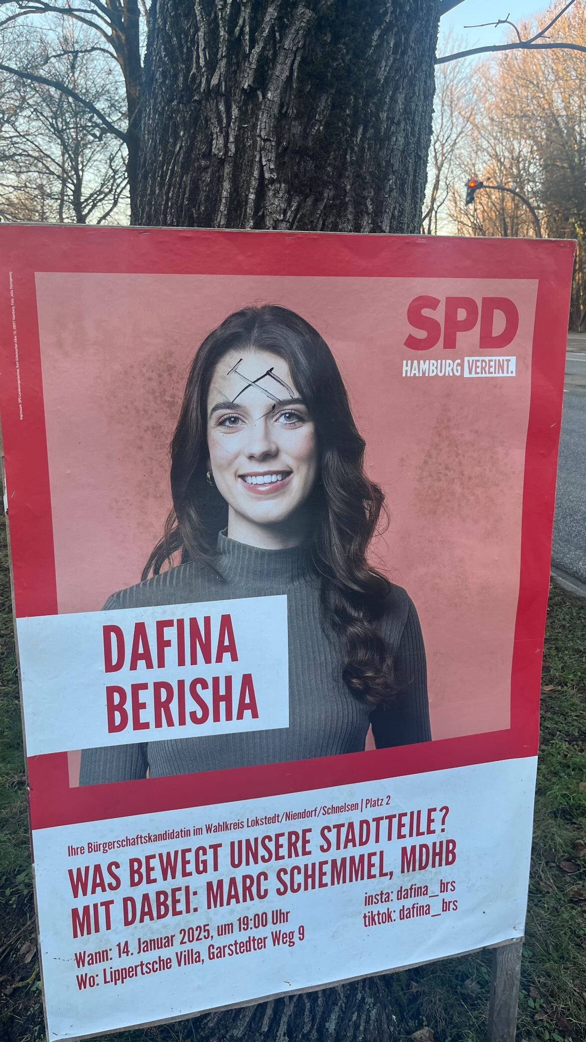 Das Plakat der Lokalpolitikerin Dafina Berisha, beschmiert mit einem Hakenkreuz