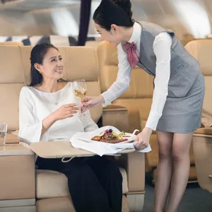 Eine Stewardess bringt einem Fluggast Essen und ein Getränk.