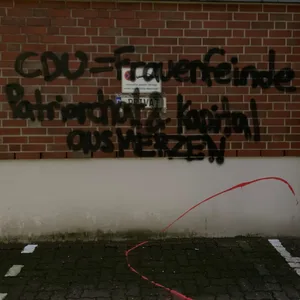 „CDU= Frauenfeinde – Patriarchat & Kapital ausMERZEN“ haben Unbekannte auf die Wand eines CDU-Büros gesprüht.