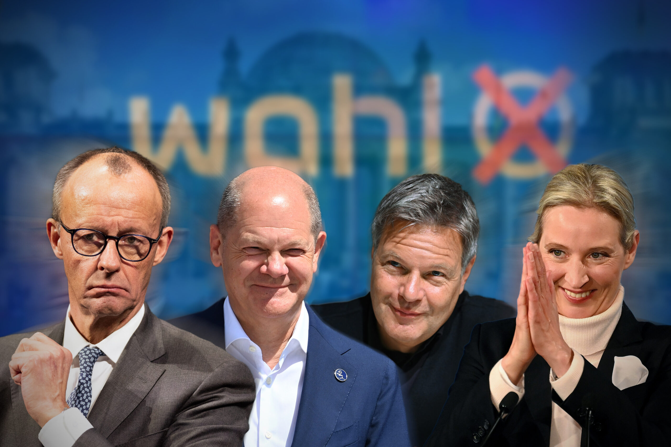 Foto-Montage zeigt Friedrich Merz, Olaf Scholz, Robert Habeck und Alice Weidel vor einem Wahlplakat.