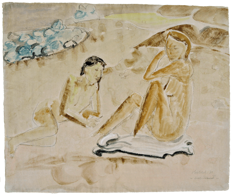 Eine Aquarellzeichnung von zwei Frauen am Strand.