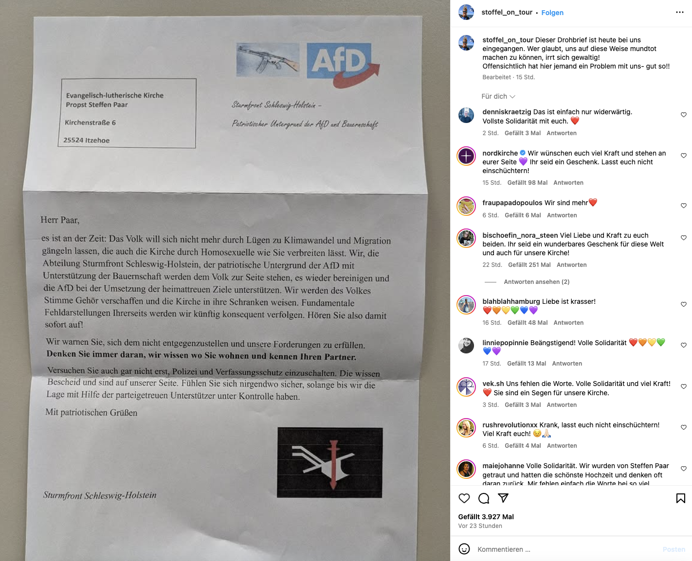 Auf Social Media machte Paar den Drohbrief öffentlich, wie hier auf Instagram.