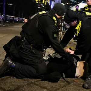 Polizeibeamte halten nach der Messerattacke am Holocaust-Mahnmal einen Tatverdächtigen fest.