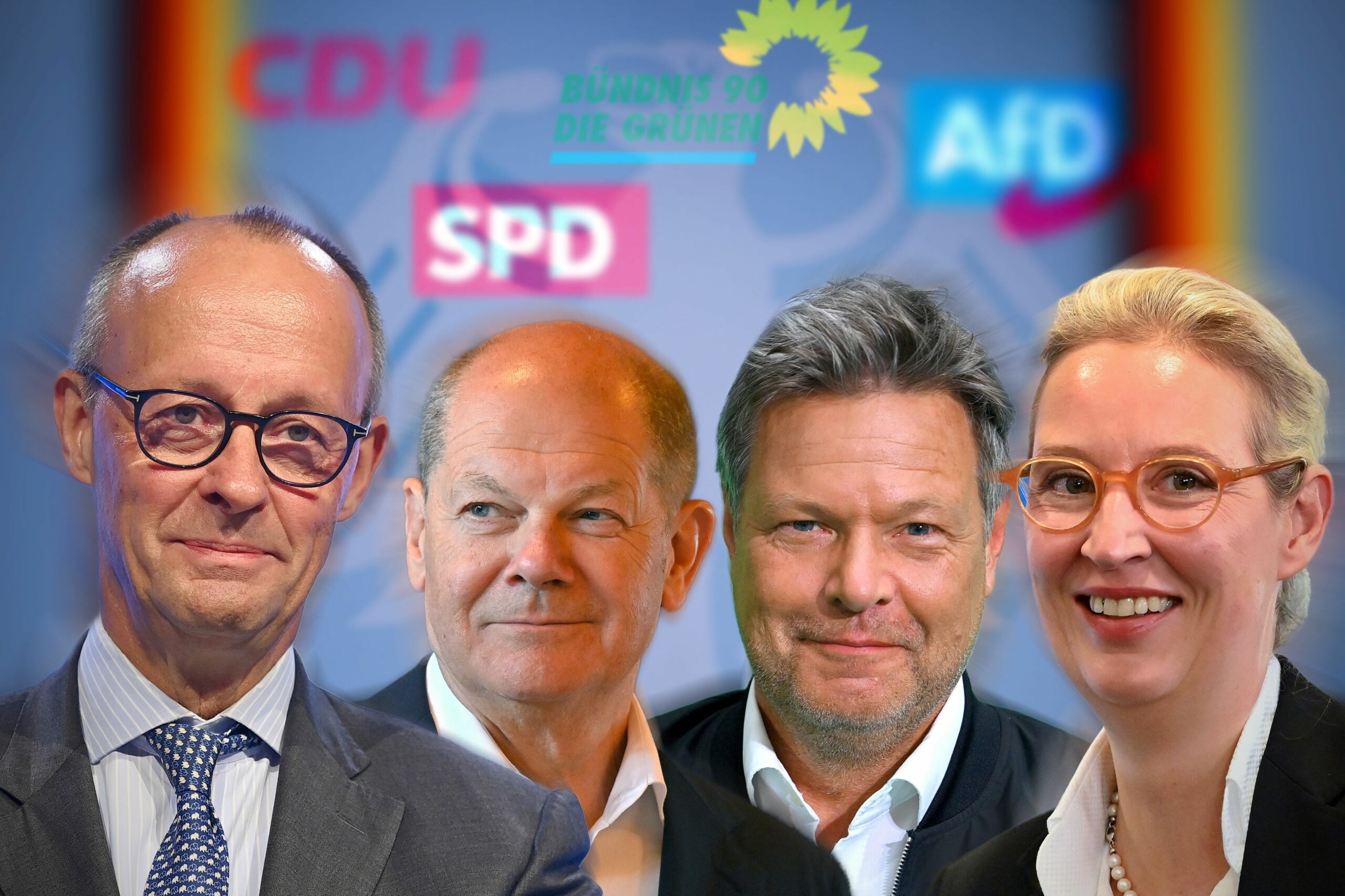 Die Kanzlerkandidaten (v.l.): Friedrich Merz (CDU), Olaf Scholz (SPD), Robert Habeck (Bündnis90/Die Grünen), Alice Weidel (AfD)