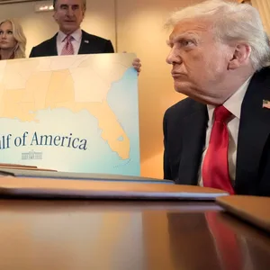 Donald Trump präsentiert eine Karte, die den Golf von Mexiko als „Gulf of America“ bezeichnet (Archivbild).