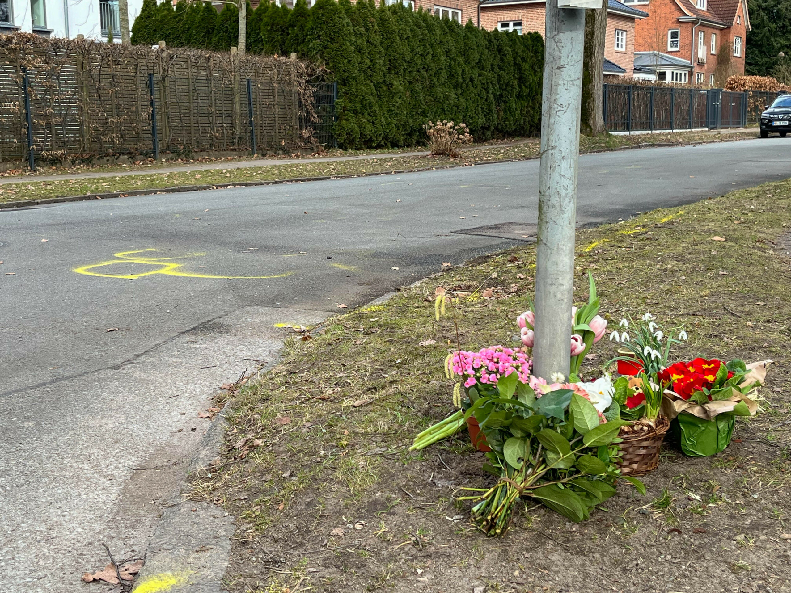 Nachbarn haben Blumen an der Straßenecke niedergelegt, an der der kleine Junge überfahren wurde.