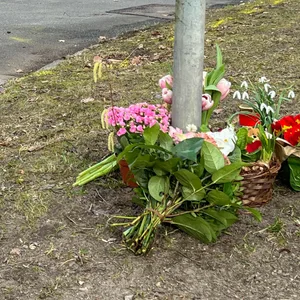 Nachbarn haben Blumen an der Straßenecke niedergelegt, an der der kleine Junge überfahren wurde.