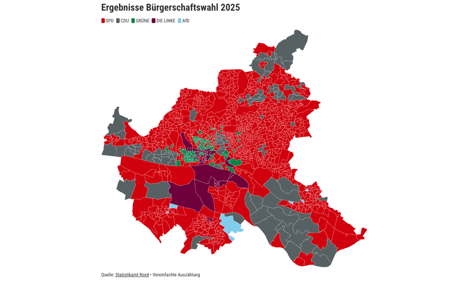 So sieht die politische Landschaft Hamburgs nach der Bürgerschaftswahl 2025 aus.