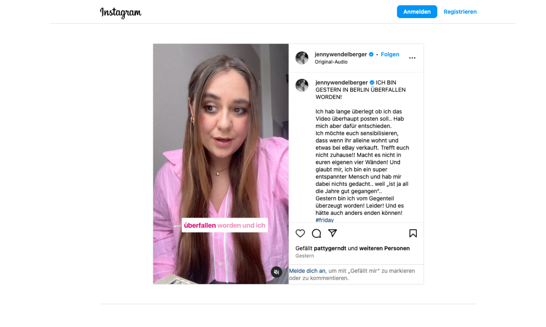 Ein Screenshot von einem Video was die Influencerin Jenny Wendelberger hochgeladen hat