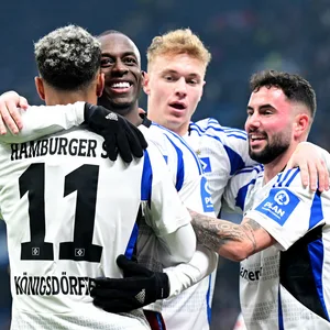 Ransford Königsdörffer, Jean-Luc Dompé, Adam Karabec und Marco Richter jubeln.