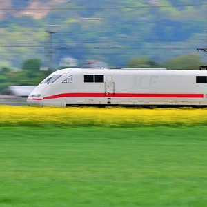 Ein Zug fährt durch eine grüne Landschaft