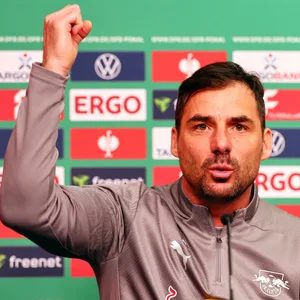Zsolt Löw bei der Pressekonferenz vor dem Pokalspiel gegen Stuttgart