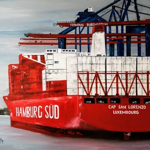 Ein Gemälde eines Containerschiffs am Burchardkai