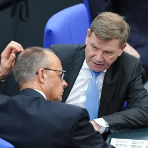 Friedrich Merz (l.), CDU/CSU Fraktionsvorsitzender und CDU Bundesvorsitzender, spricht mit Johann Wadephul (CDU) bei der konstituierenden Sitzung des neuen Bundestags.