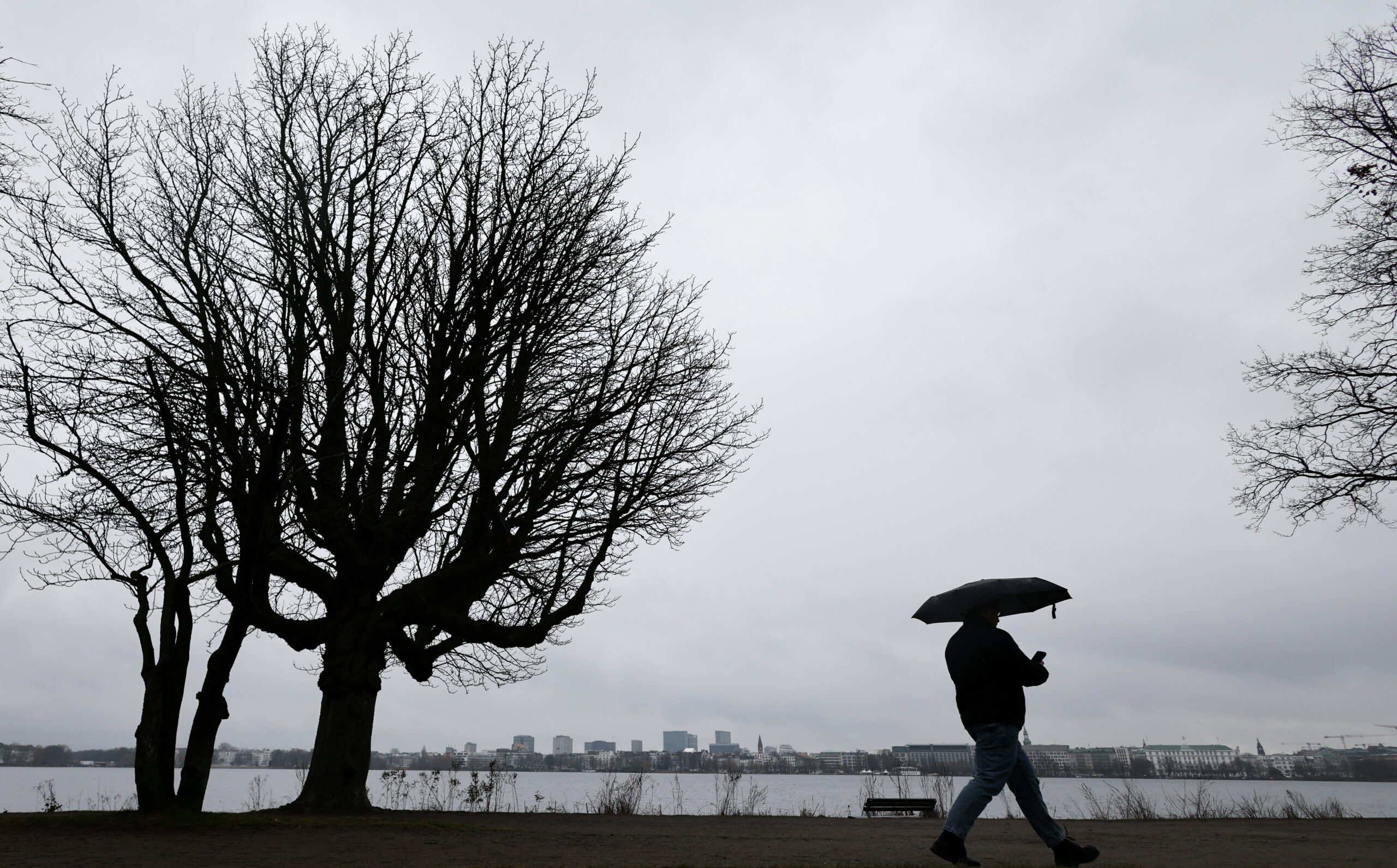 Ein Mensch geht mit Regenschirm bei leichtem Nieselregen an der Alster spazieren.