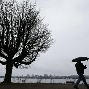 Ein Mensch geht mit Regenschirm bei leichtem Nieselregen an der Alster spazieren.