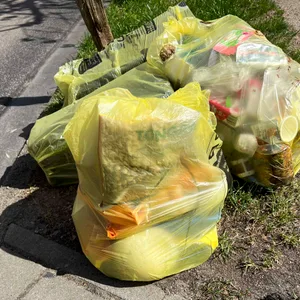 Gelbe Müllsäcke liegen am Straßenrand zur Abholung bereit. (Symbolbild)