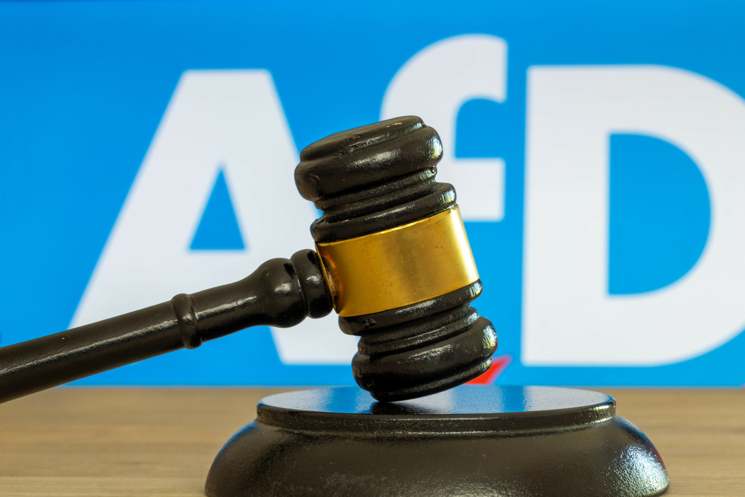 Richterhammer vor dem Logo der AfD. (Symbolbild)