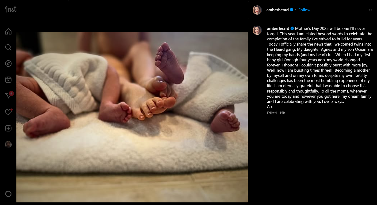Amber Heard gibt die Geburt ihrer Zwillinge auf Instagram bekannt.