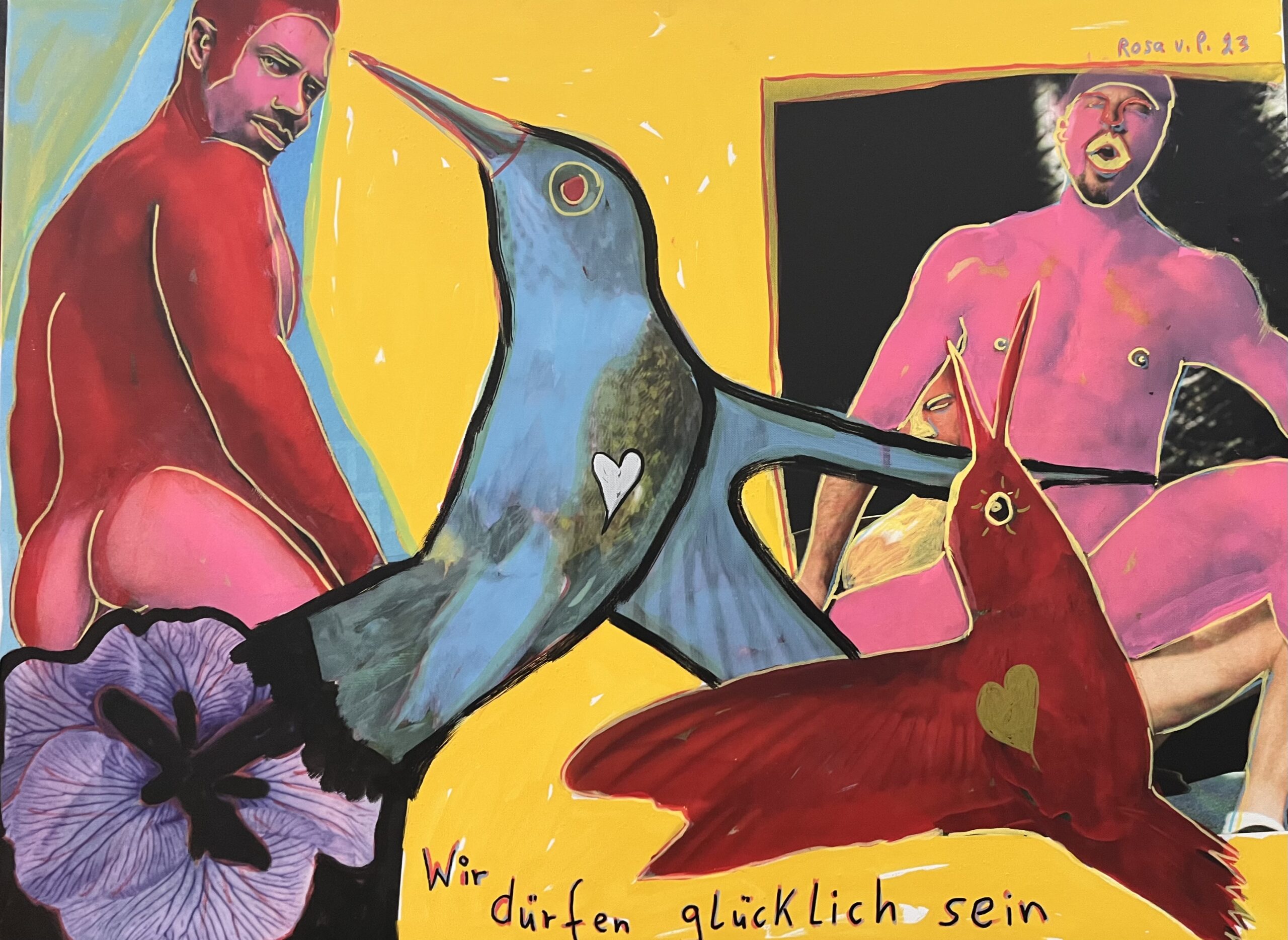 Ein buntes Gemälde mit dem Titel „Wir dürfen glücklich sein“.